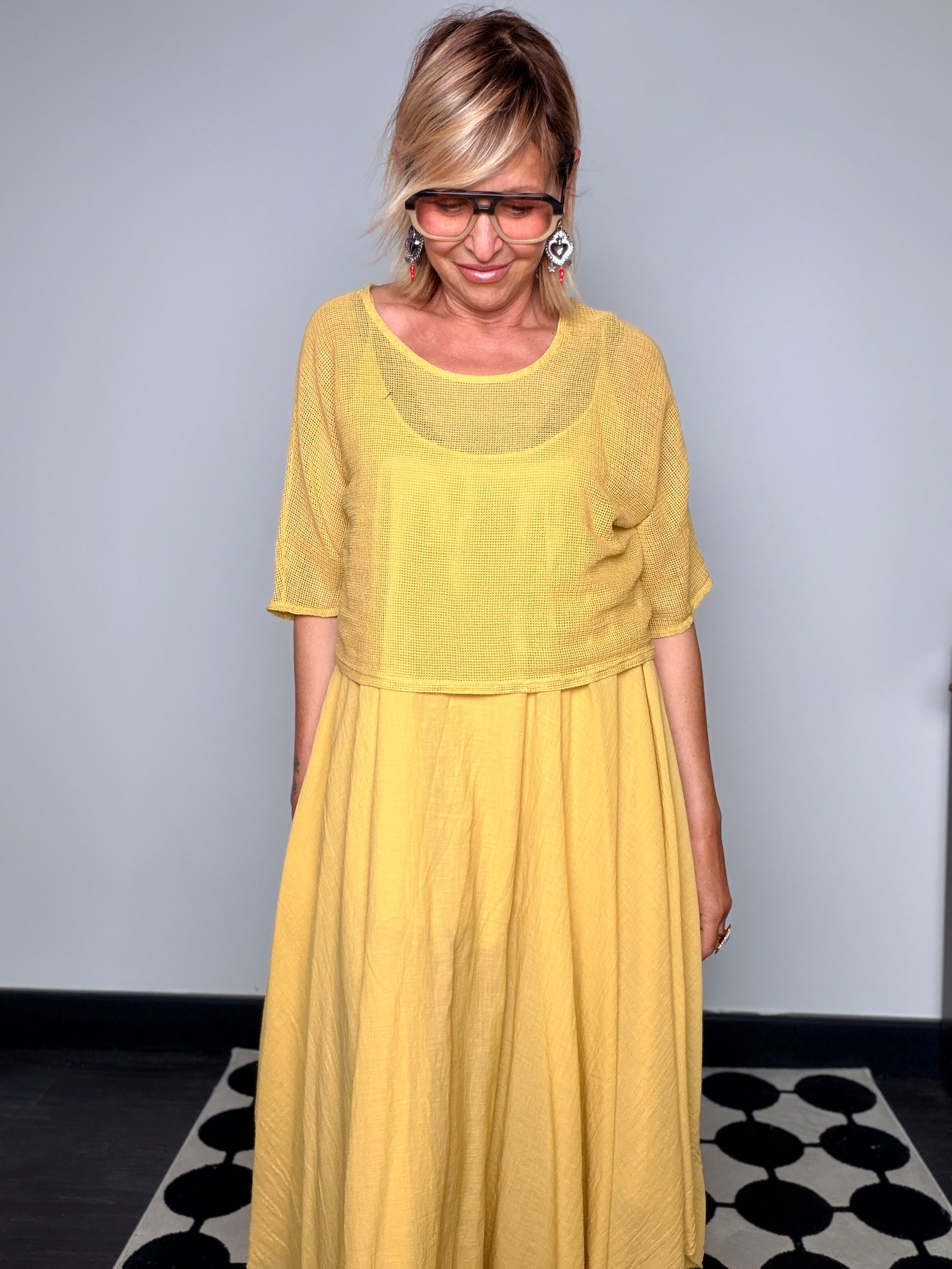 Abito Maxi Layering Rete e Chiffon Giallo Senape