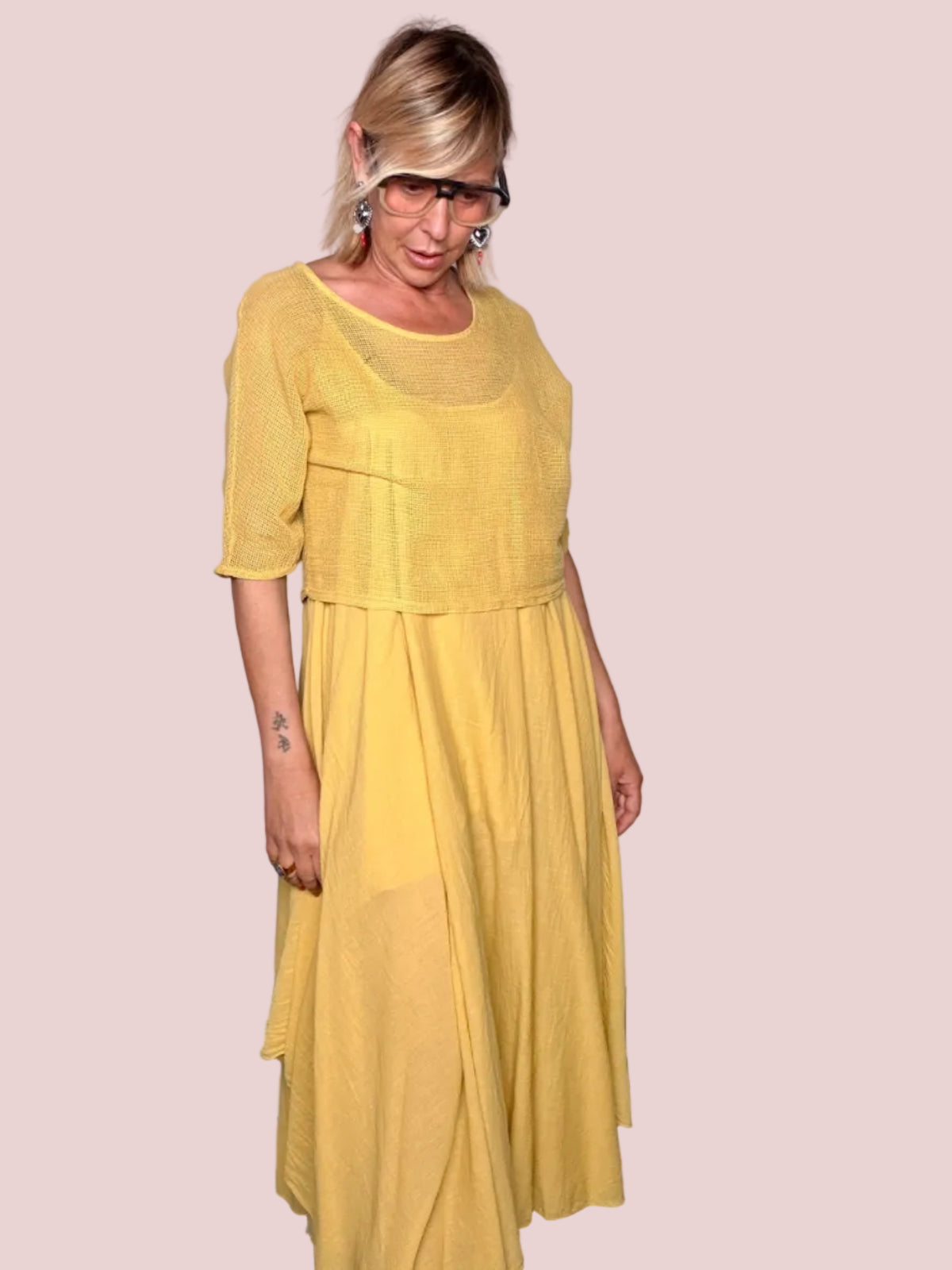 Abito Maxi Layering Rete e Chiffon Giallo Senape