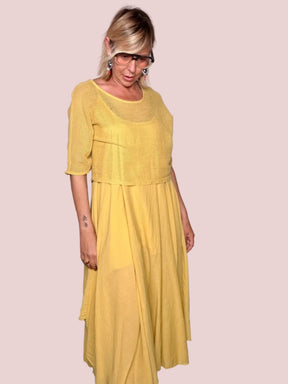 Abito Maxi Layering Rete e Chiffon Giallo Senape