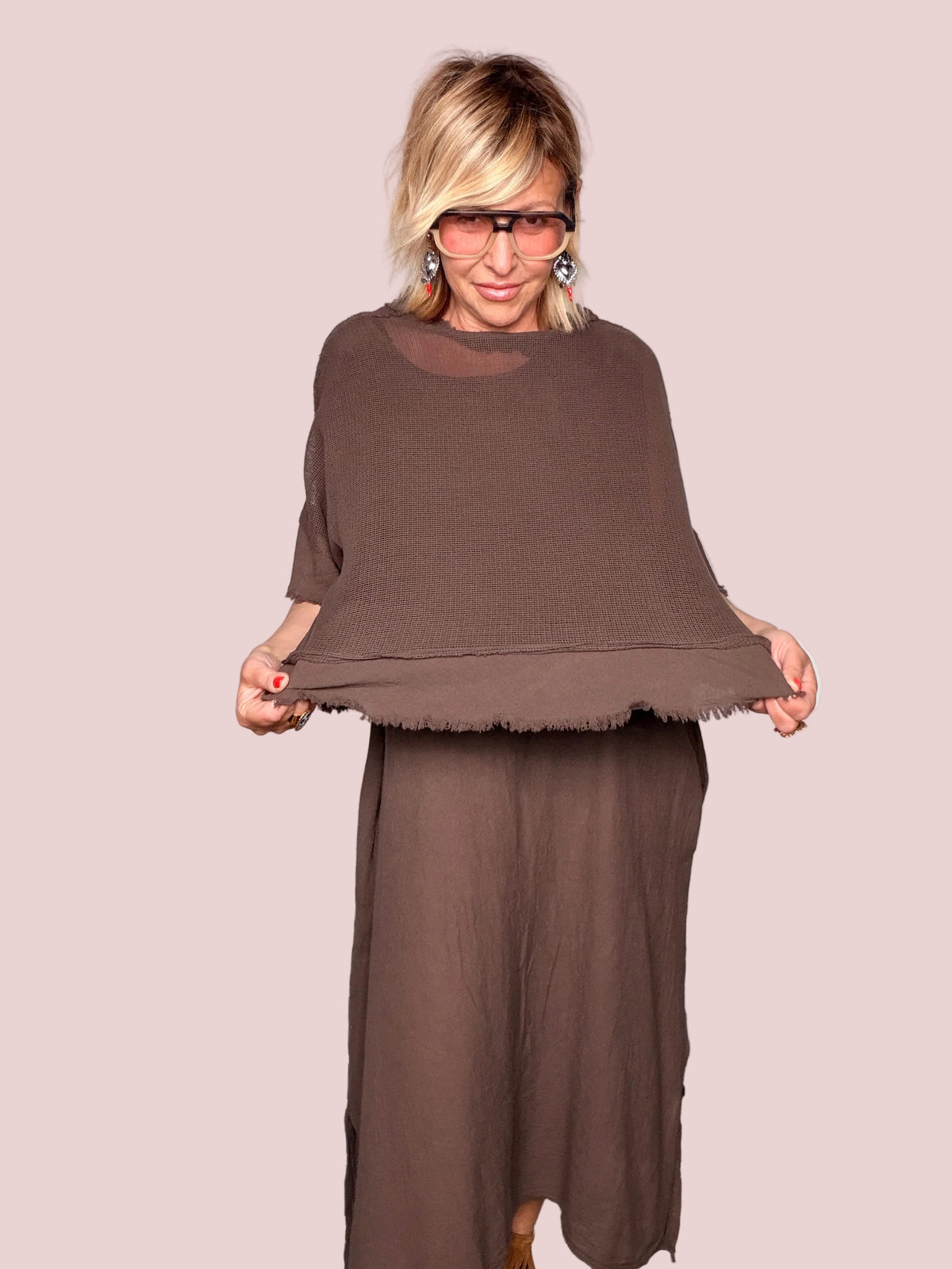 Completo Due Pezzi Abito Maxi e Poncho Rete Cioccolato