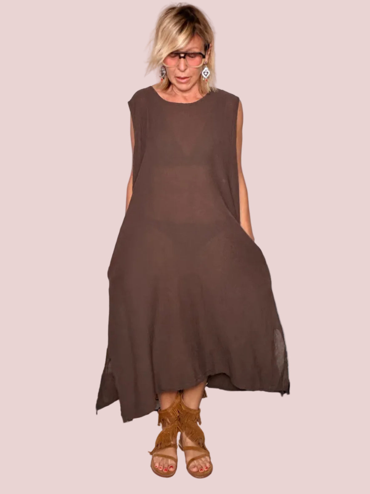 Completo Due Pezzi Abito Maxi e Poncho Rete Cioccolato