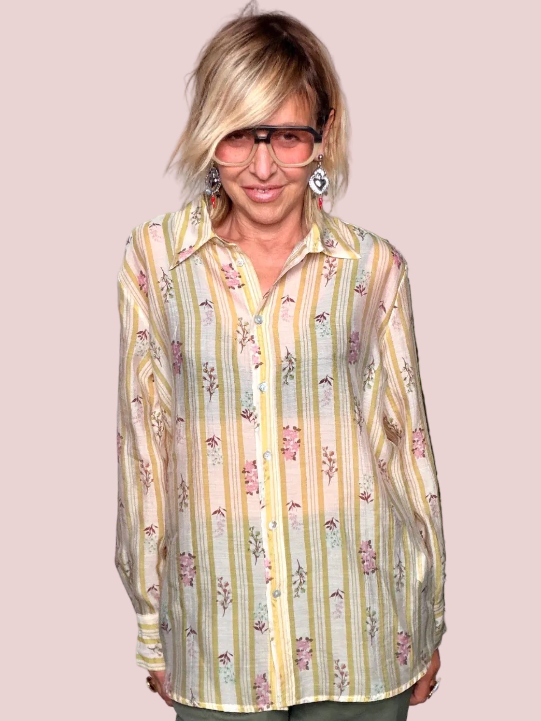Camicia Oversize Mussola Stampa Botanica Righe