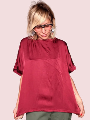 Blusa Oversize Raso Borgogna Collo Arricciato