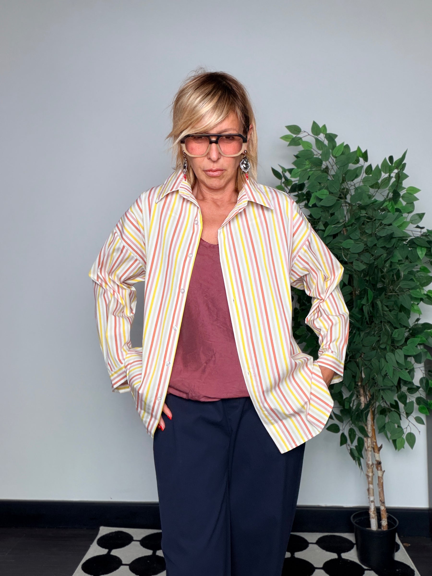 Camicia Oversize Righe Multicolor Giallo Rosa