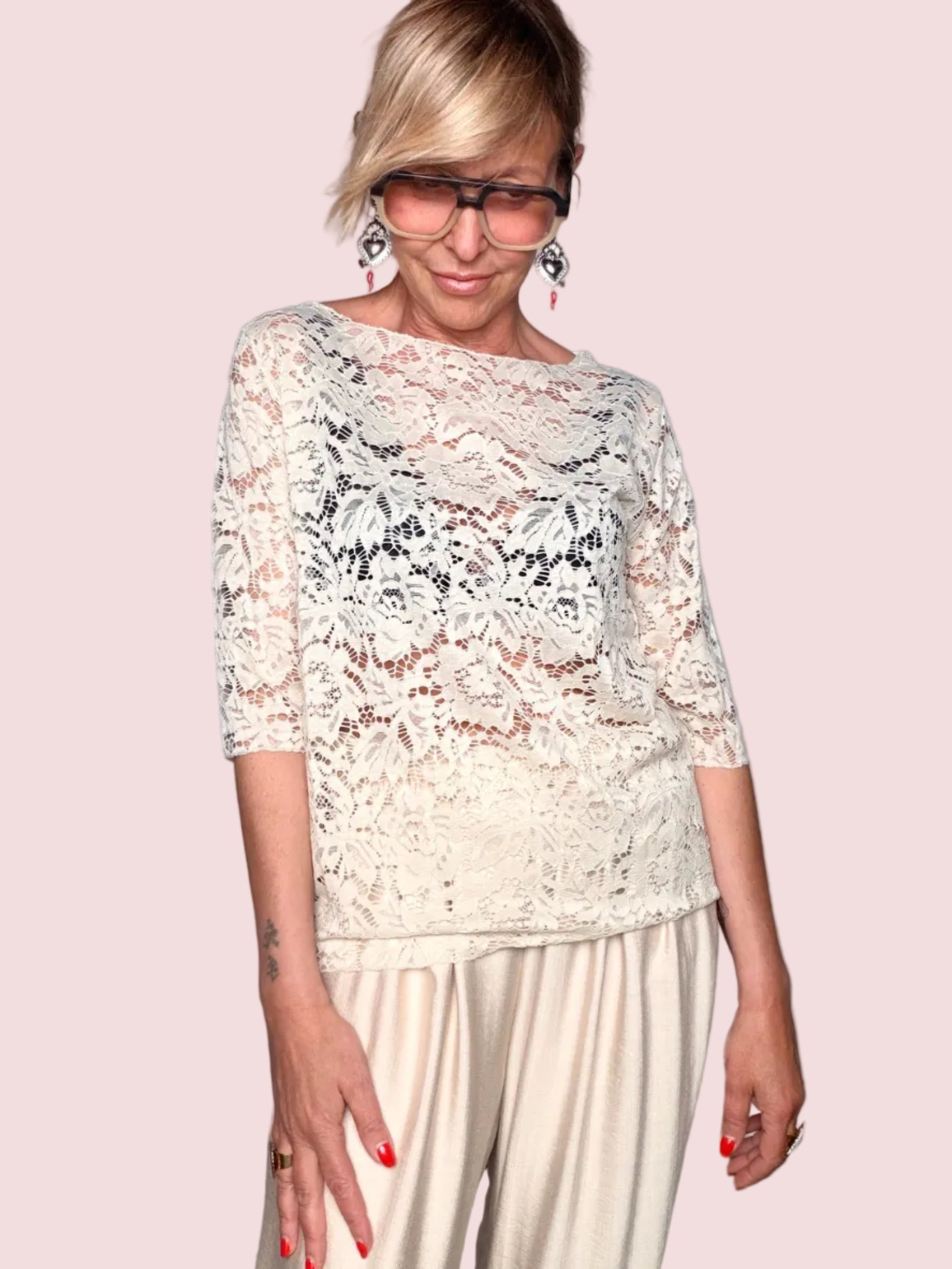 Maglia in Pizzo con Maniche Lunghe