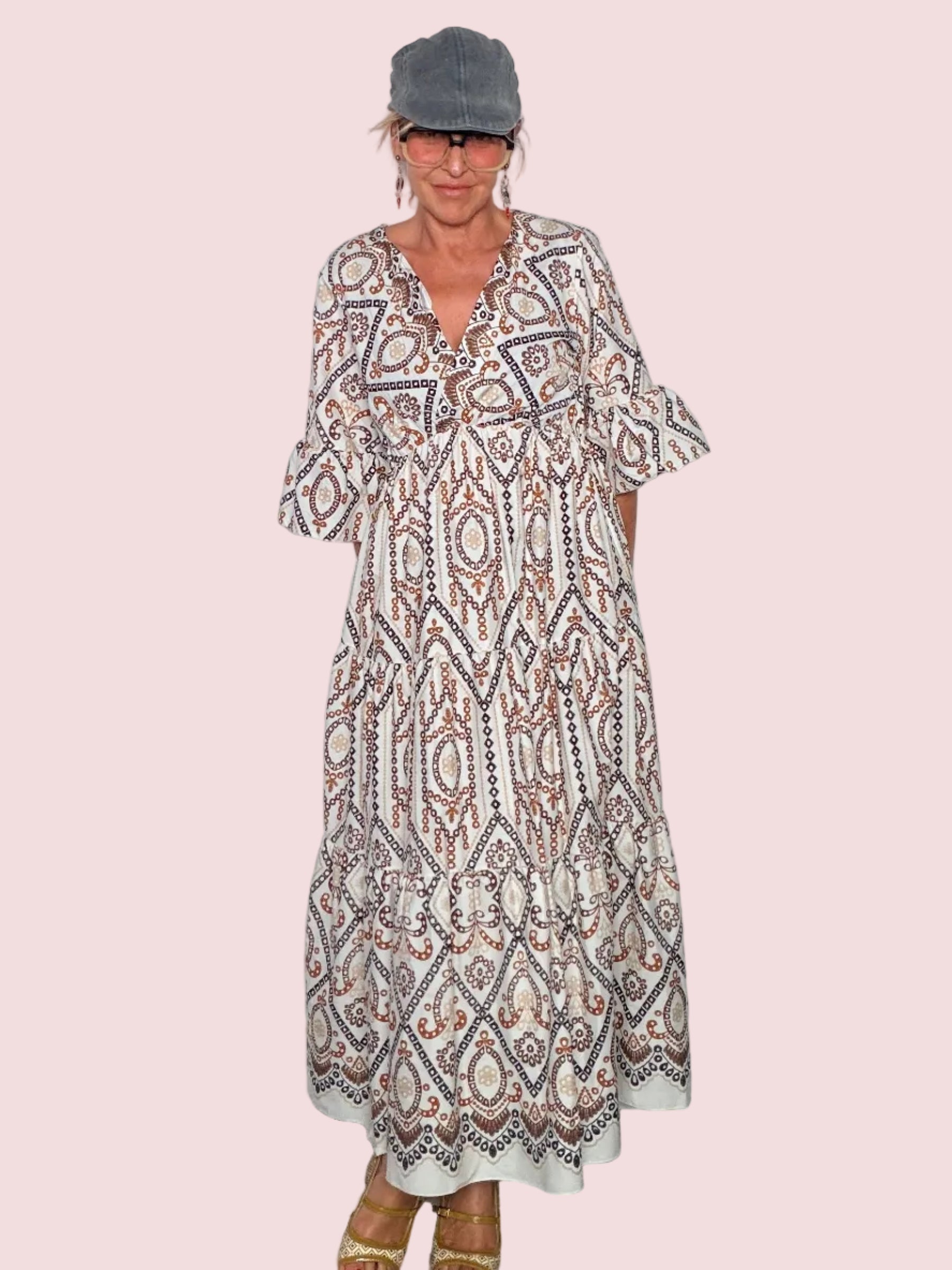 Abito Maxi Portafoglio Stampa Etnica Paisley con Balza
