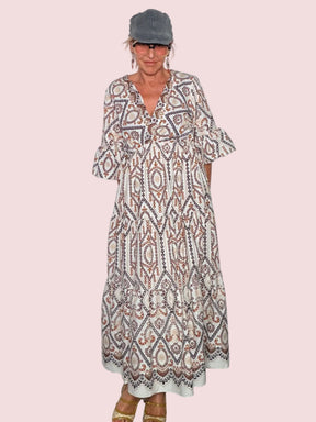 Abito Maxi Portafoglio Stampa Etnica Paisley con Balza