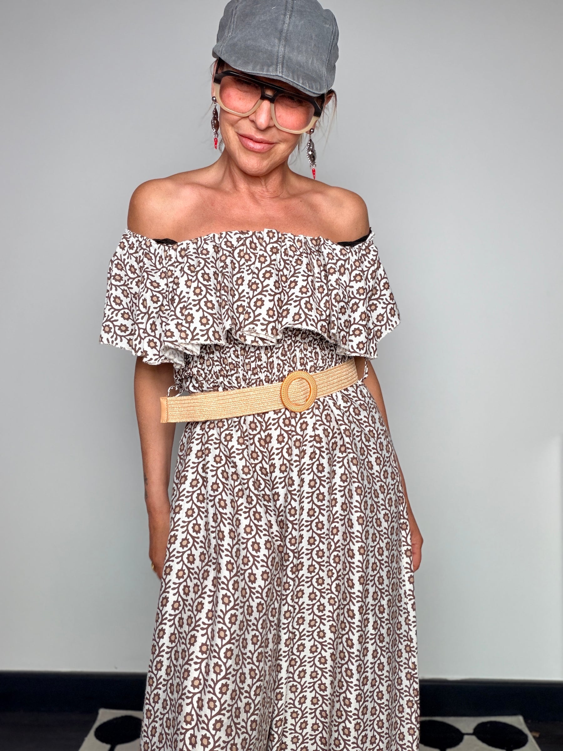 Tuta Jumpsuit Maxi Off-Shoulder con Volant e Stampa Floreale