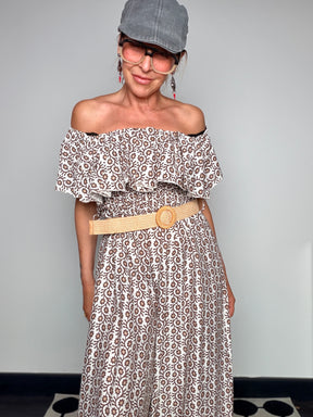 Tuta Jumpsuit Maxi Off-Shoulder con Volant e Stampa Floreale