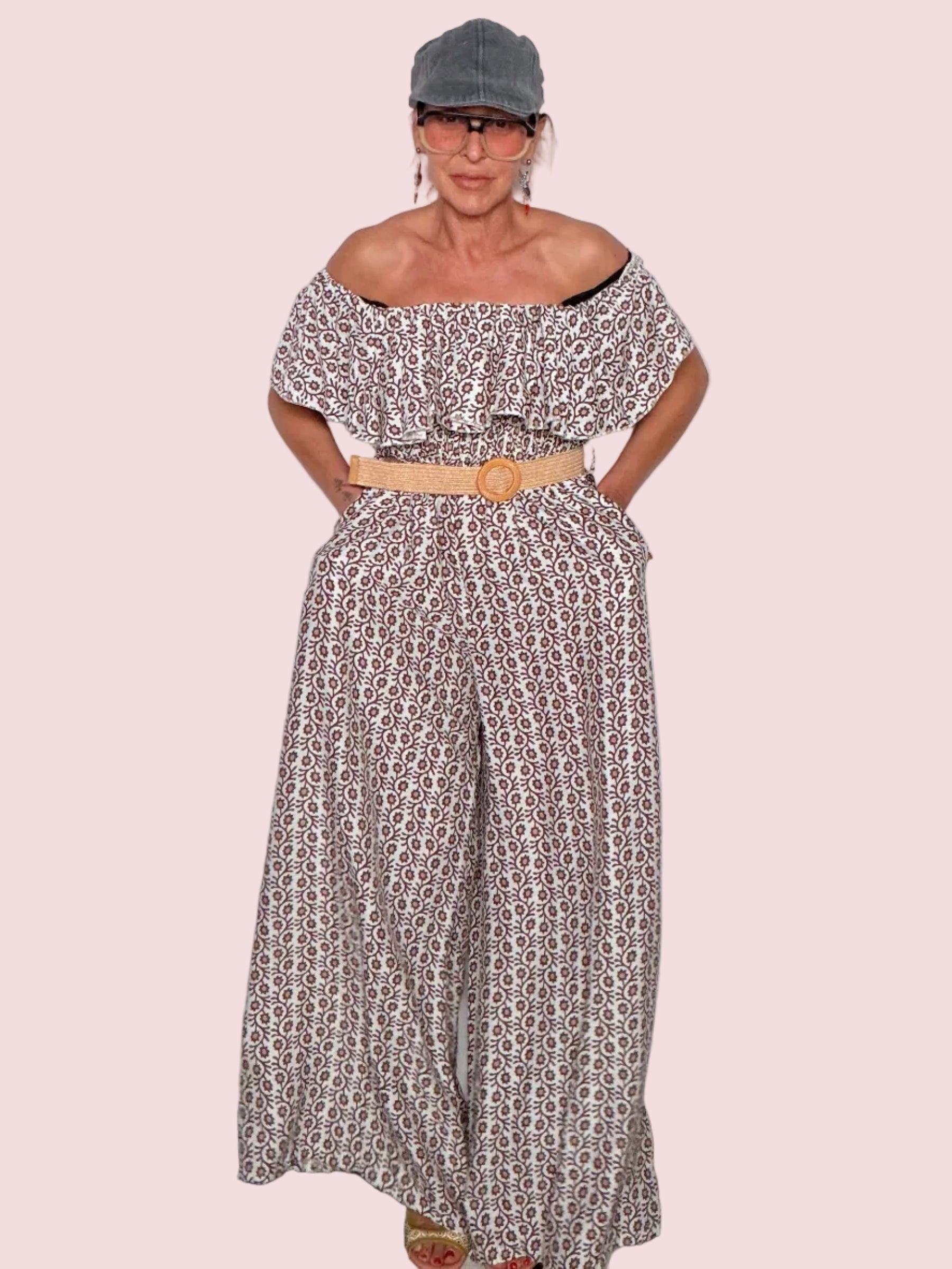 Tuta Jumpsuit Maxi Off-Shoulder con Volant e Stampa Floreale