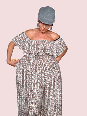 Tuta Jumpsuit Maxi Off-Shoulder con Volant e Stampa Floreale