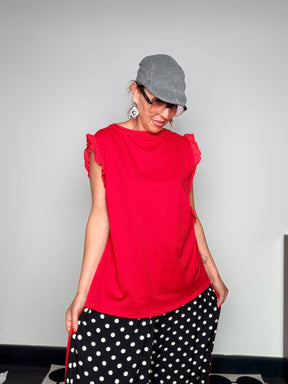 T-Shirt Oversize a Trapezio con Balze in Sangallo