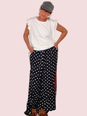 Pantalone Palazzo a Pois con Banda Laterale a Contrasto