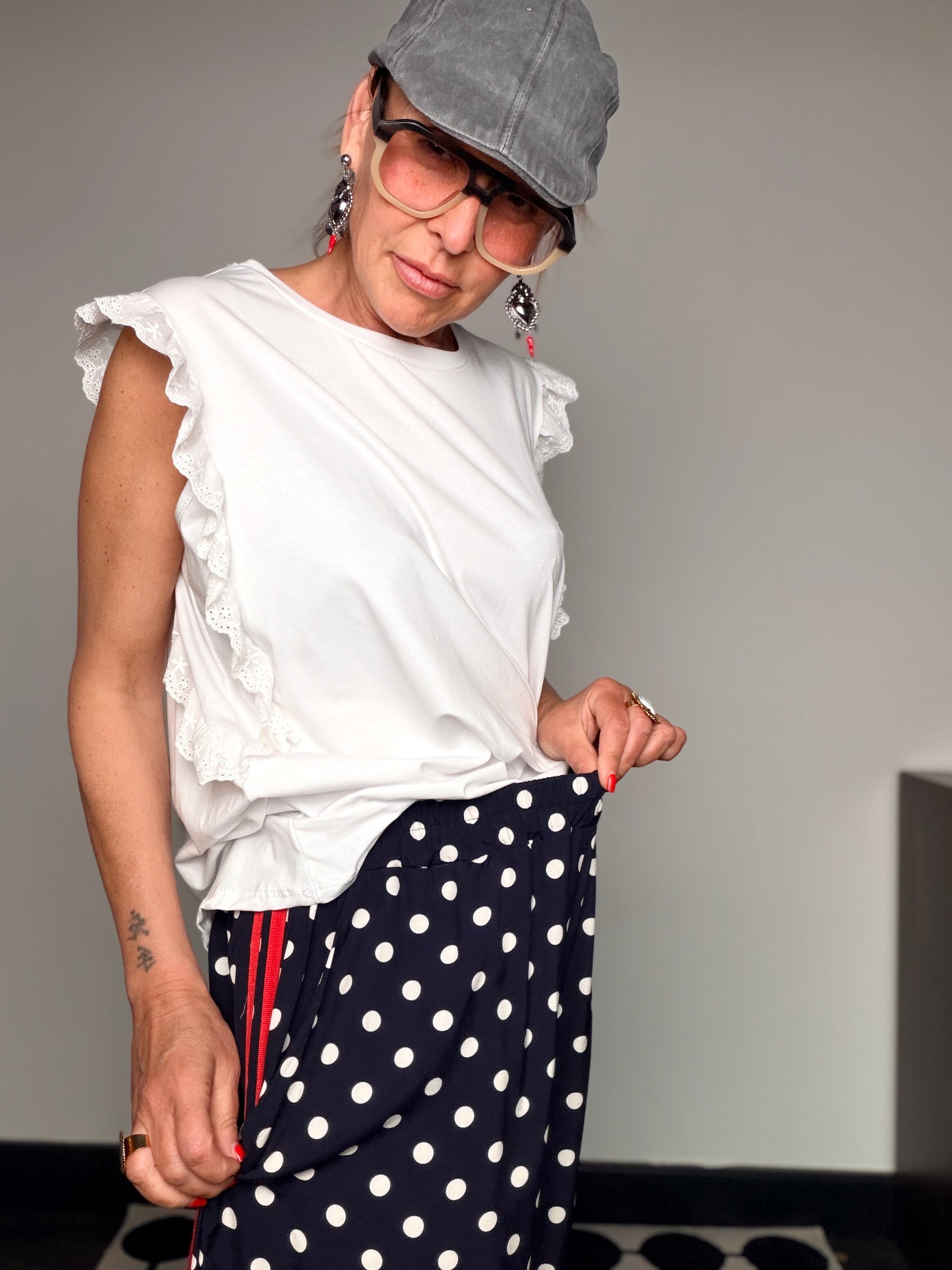 Pantalone Palazzo a Pois con Banda Laterale a Contrasto