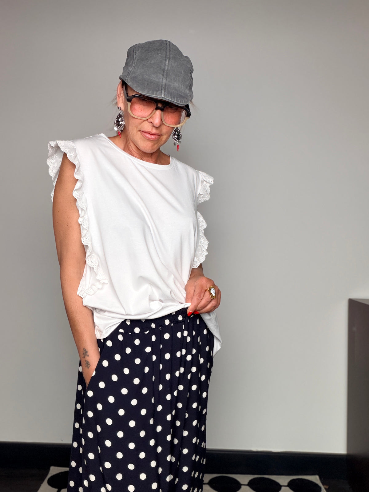 Pantalone Palazzo a Pois con Banda Laterale a Contrasto