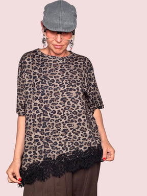 T-Shirt Oversize Stampa con Balza in Pizzo Nero