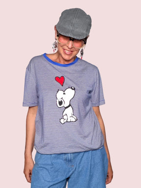 T-Shirt Oversize Snoopy a Righe con Collo a Contrasto