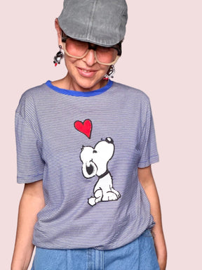 T-Shirt Oversize Snoopy a Righe con Collo a Contrasto