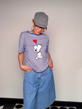 T-Shirt Oversize Snoopy a Righe con Collo a Contrasto
