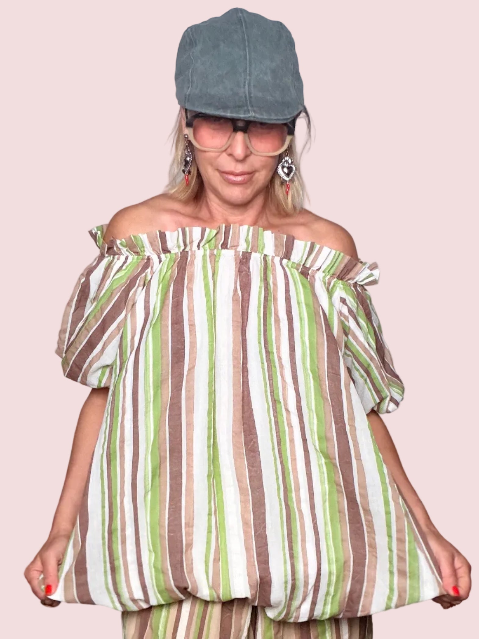 Top Off-Shoulder a Righe con Maniche Puff in Cotone Crinkle