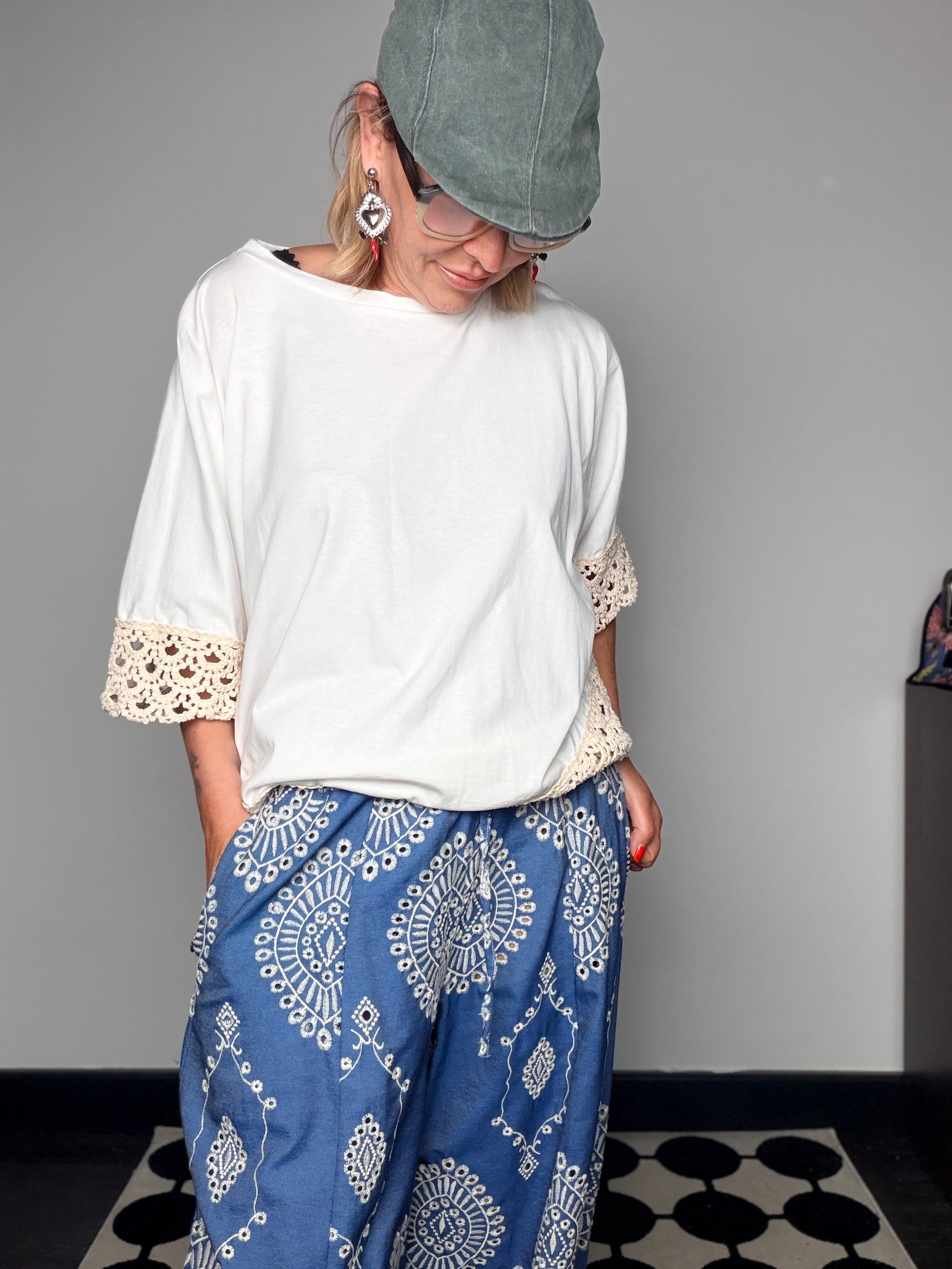 Pantalone Palazzo Maxi Stampa Paisley Blu con Coulisse