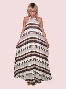 Abito Maxi Halter-Neck Plissettato a Righe con Schiena Scoperta
