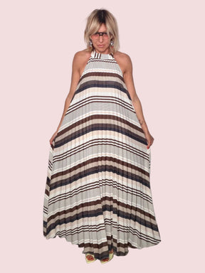 Abito Maxi Halter-Neck Plissettato a Righe con Schiena Scoperta