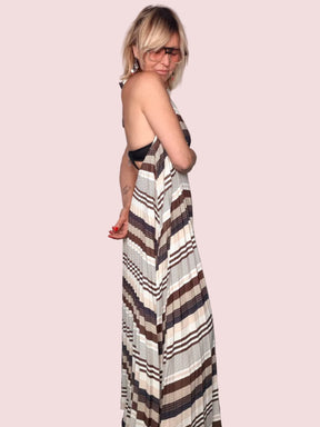 Abito Maxi Halter-Neck Plissettato a Righe con Schiena Scoperta