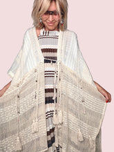 Kimono Maxi Panna in Cotone con Macramé Traforato e Nappine