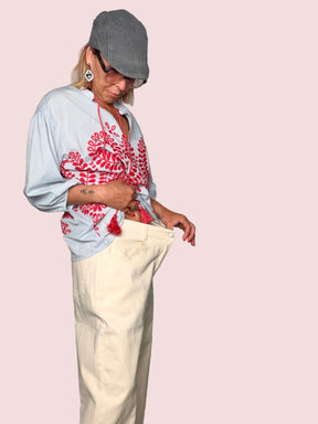 Pantalone a Gamba Dritta Larga Panna con Tasche Cargo