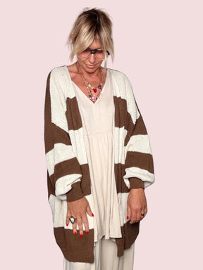 Cardigan Lungo a Righe Oversize - Marrone