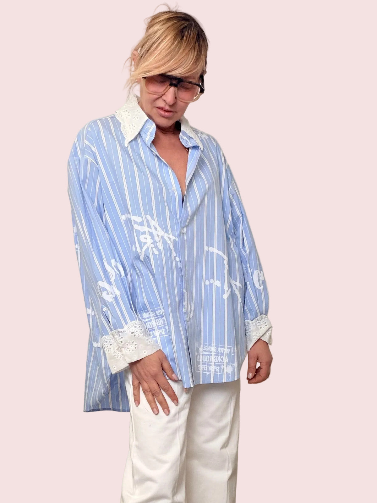 Camicia over a righe con dettagli in pizzo