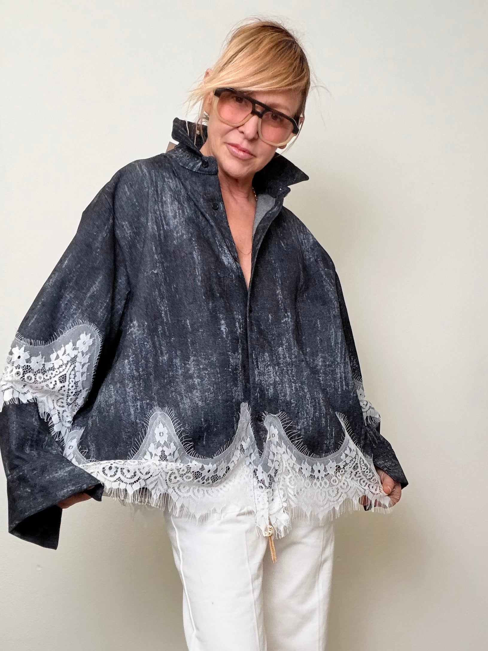 Camicia Jeans con Dettaglio in Pizzo