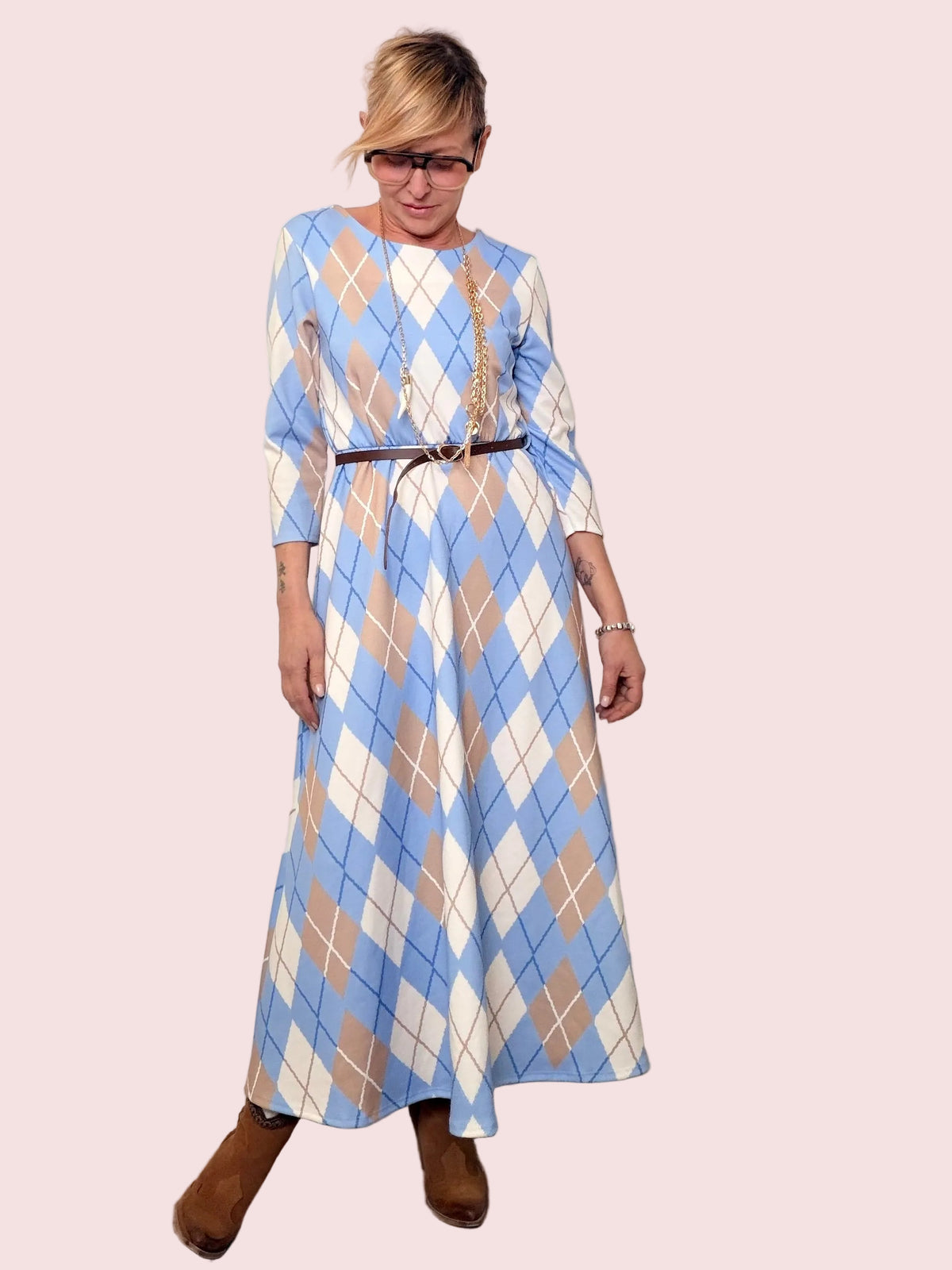 Abito Lungo a Rombi Stile College Chic