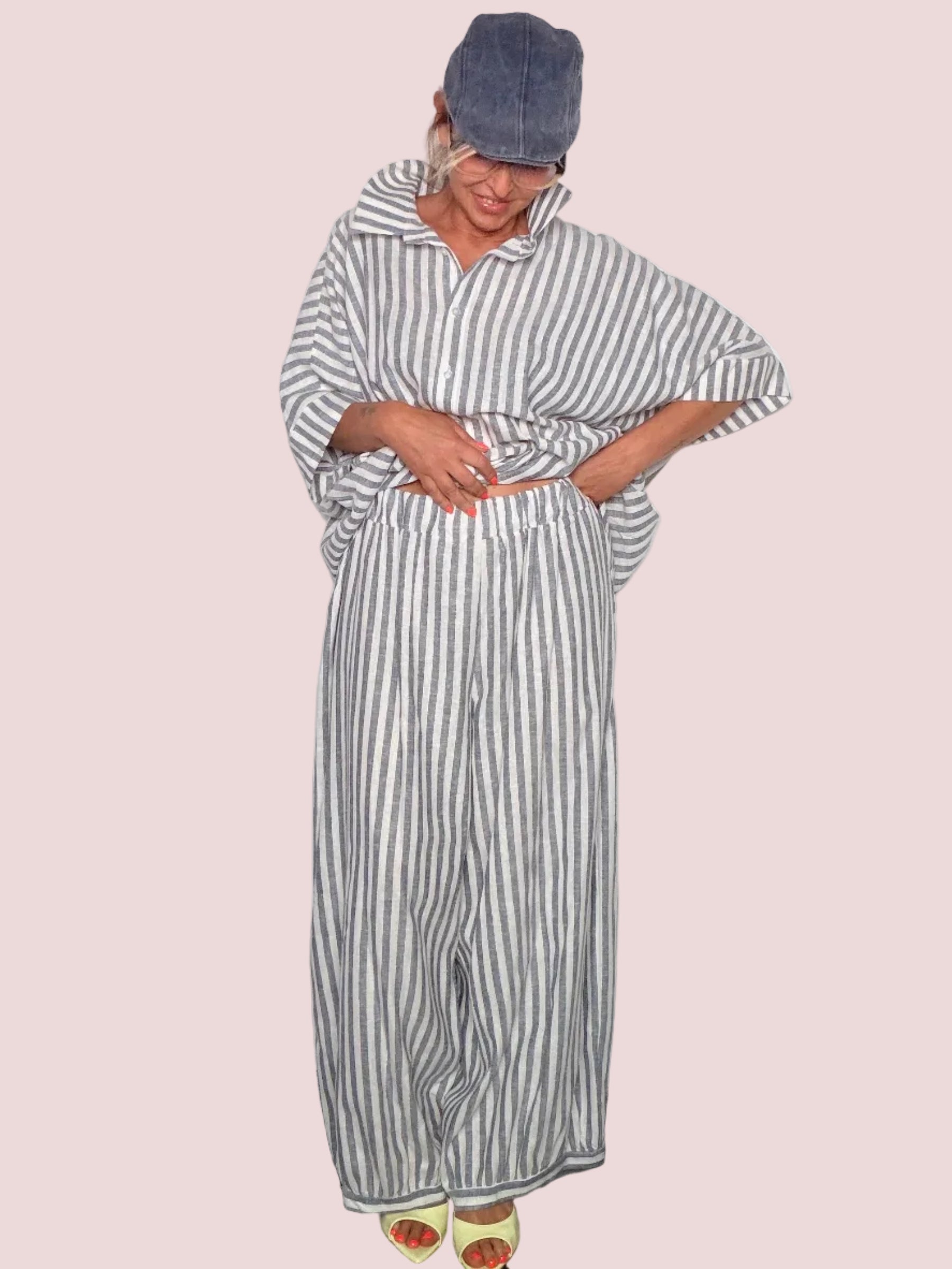 Pantalone Wide Leg Lino Righe Grigio & Bianco