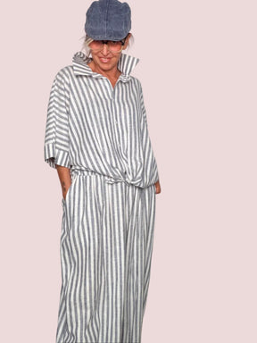 Pantalone Wide Leg Lino Righe Grigio & Bianco