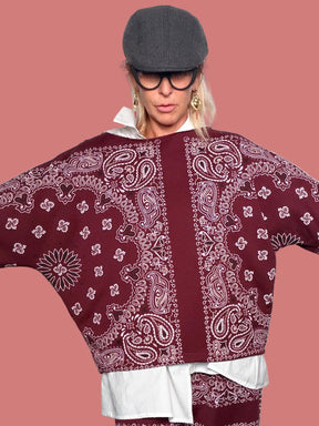 Felpa girocollo donna in fantasia bandana bordeaux