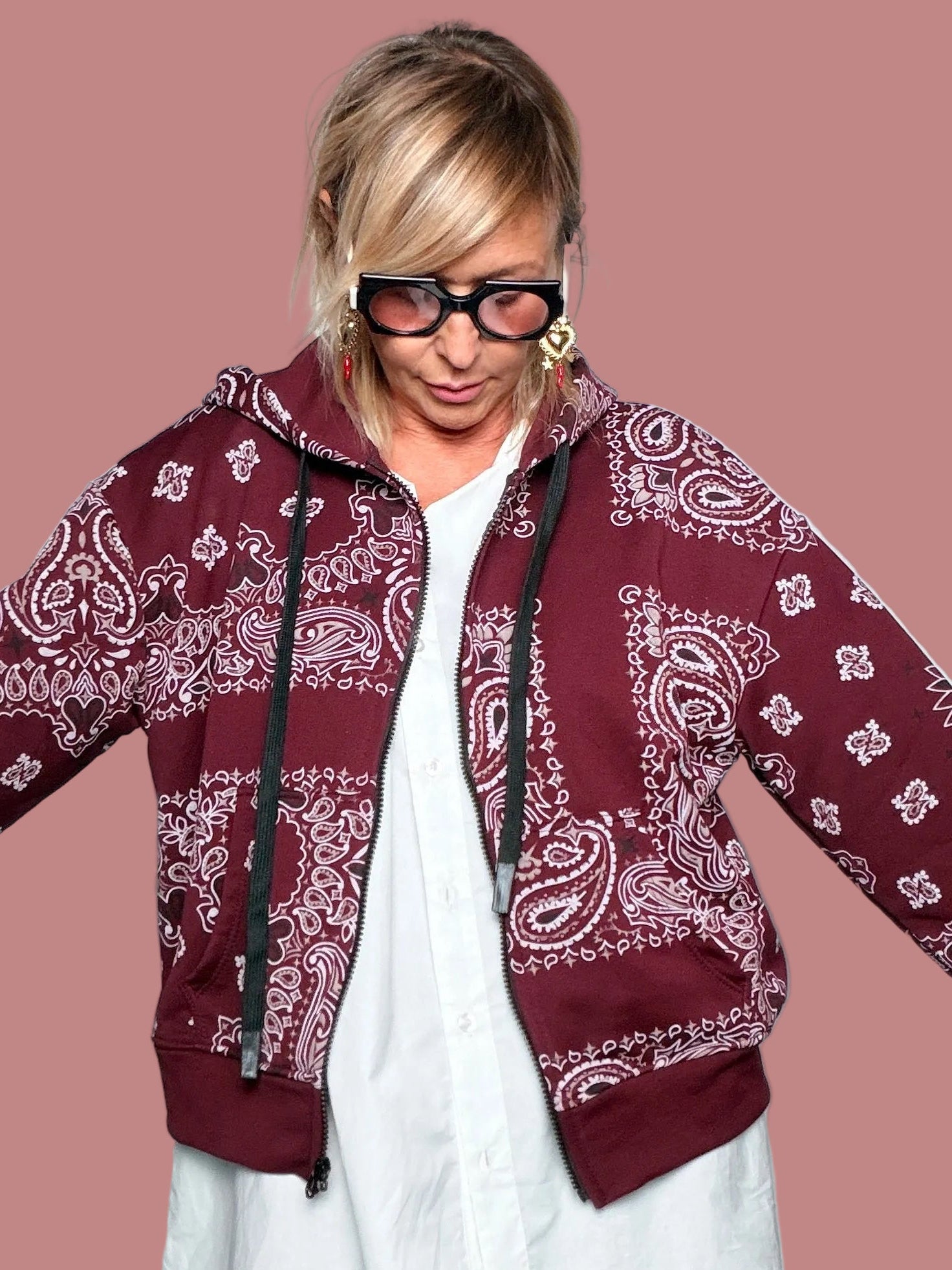Felpa con zip donna in fantasia bandana bordeaux