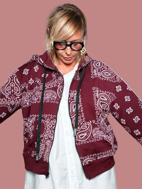 Felpa con zip donna in fantasia bandana bordeaux
