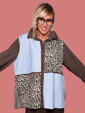 Camicia lunga patchwork animalier e righe Flo&Poi
