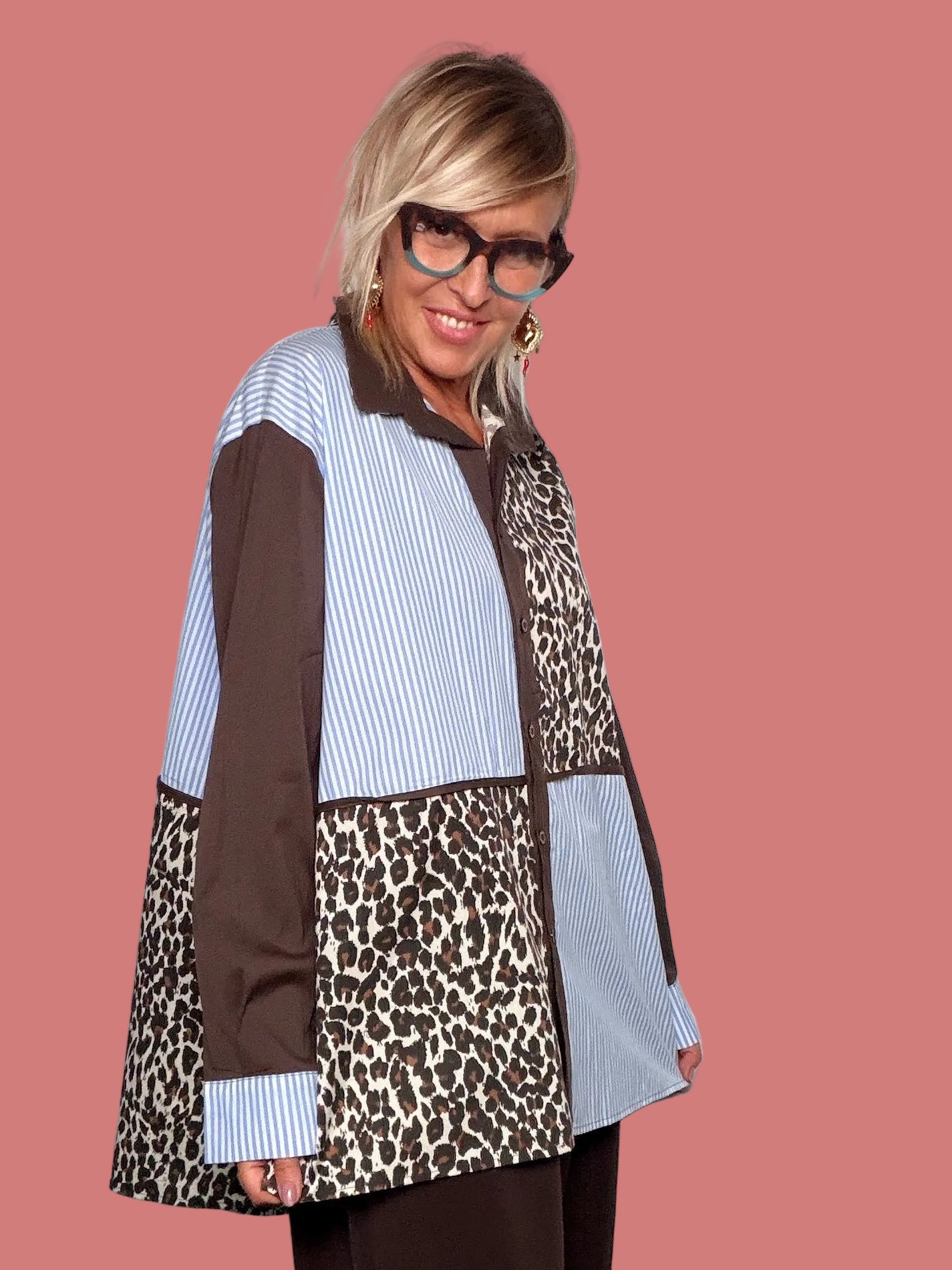 Camicia lunga patchwork animalier e righe Flo&Poi