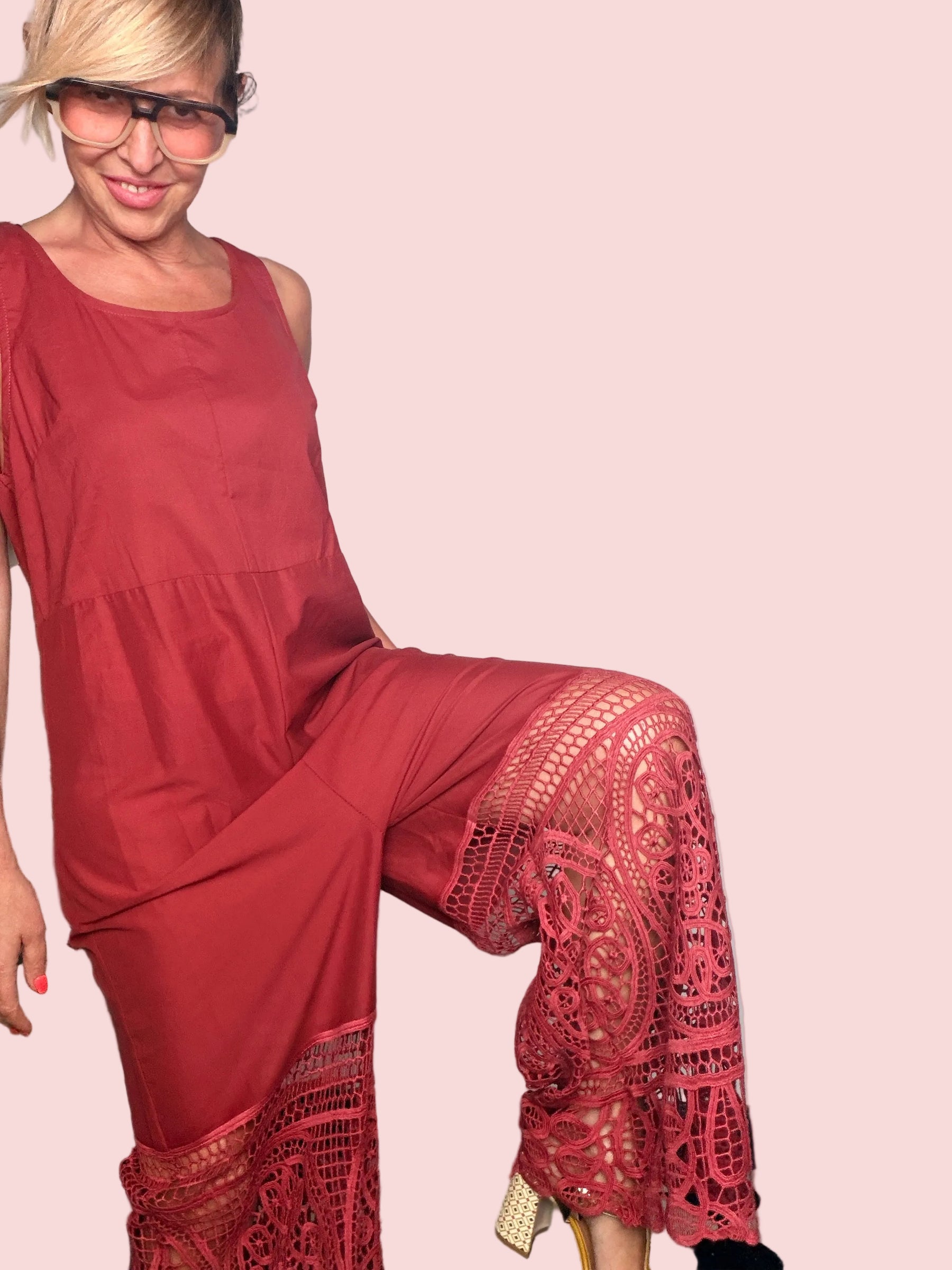 Tuta Wide Leg con Inserto in Pizzo Macramé