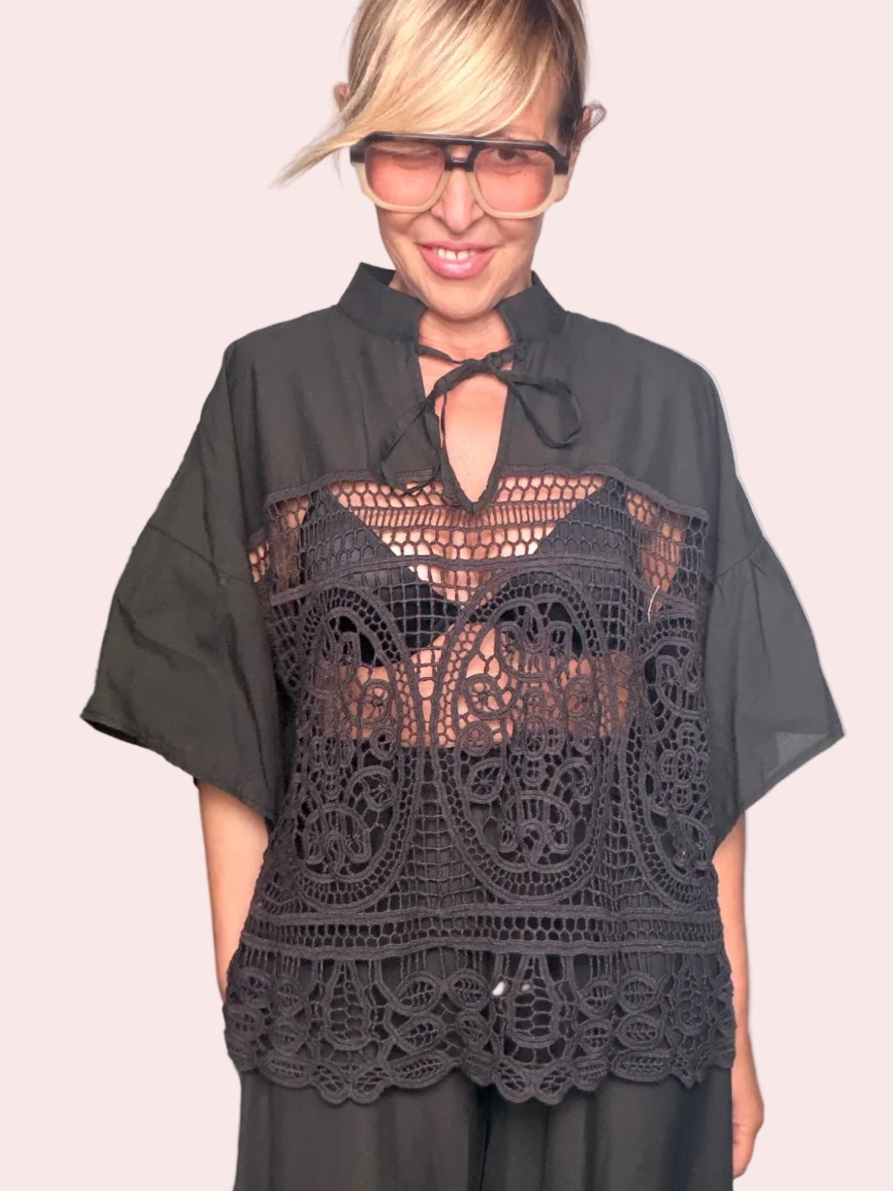 Camicia Over con Inserto in Pizzo Macramé