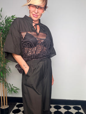 Camicia Over con Inserto in Pizzo Macramé