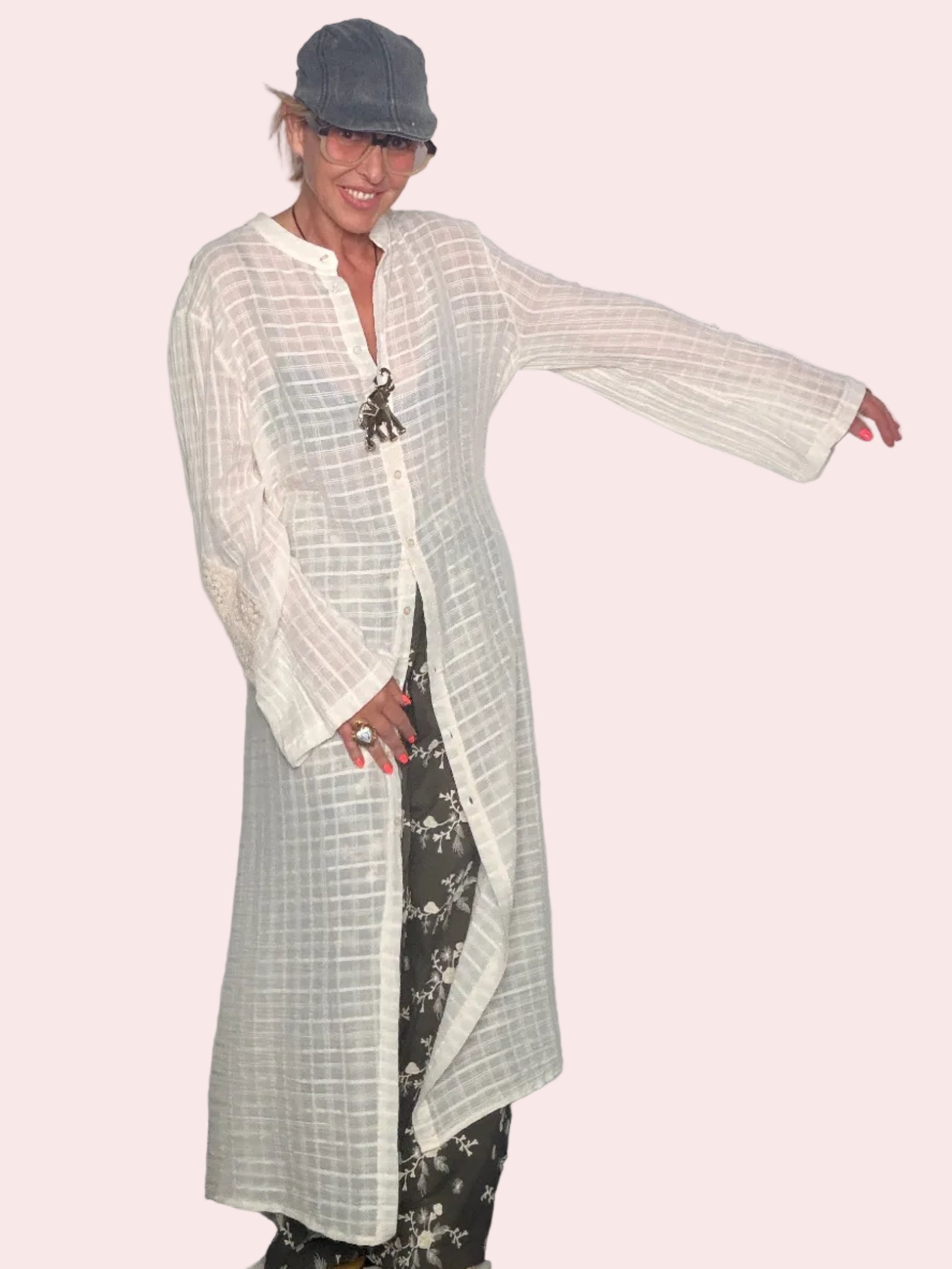Chemisier Maxi in Tessuto Quadrettato con Inserto in Pizzo