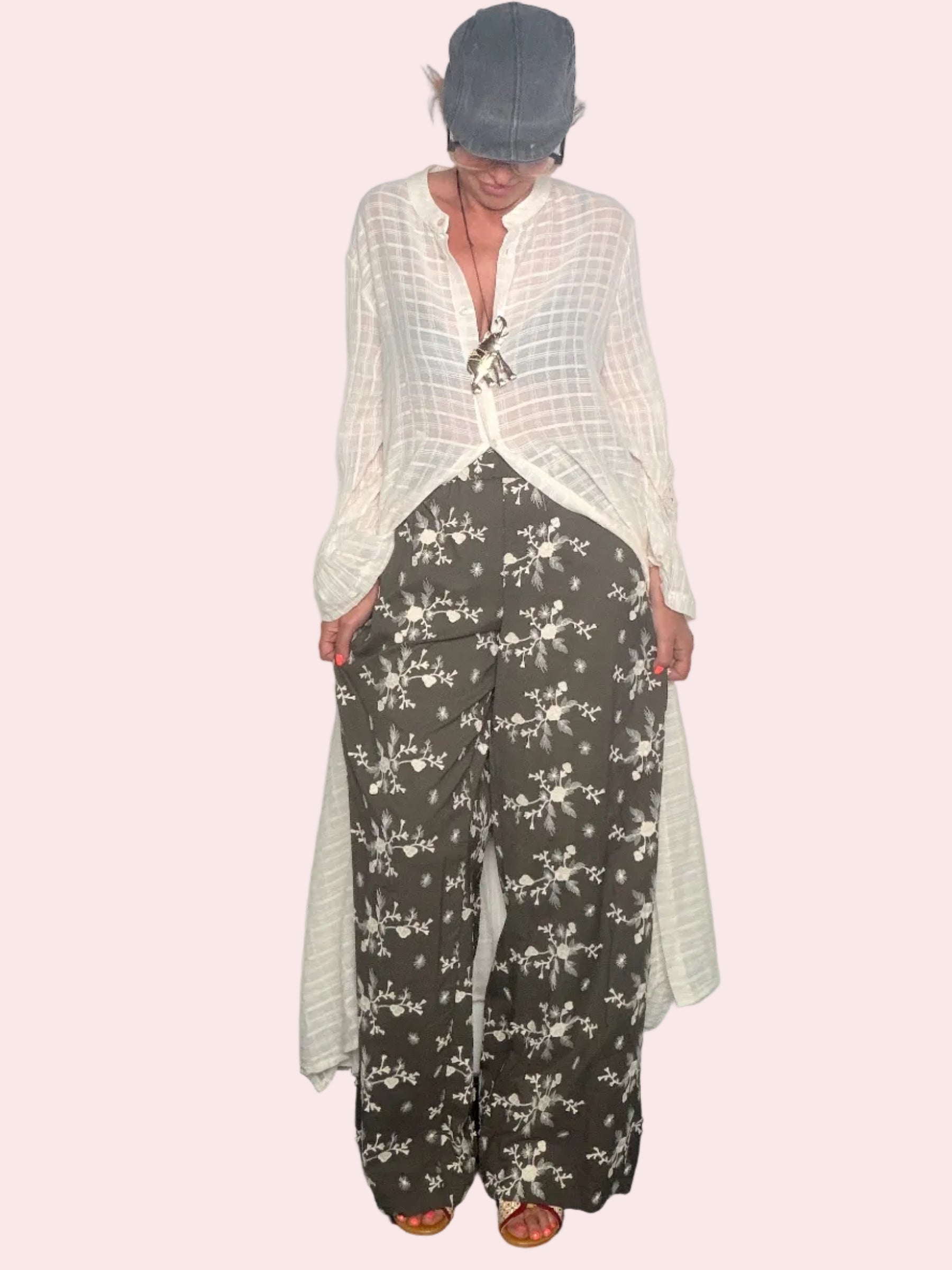 Pantalone Wide Leg con Stampa Botanica
