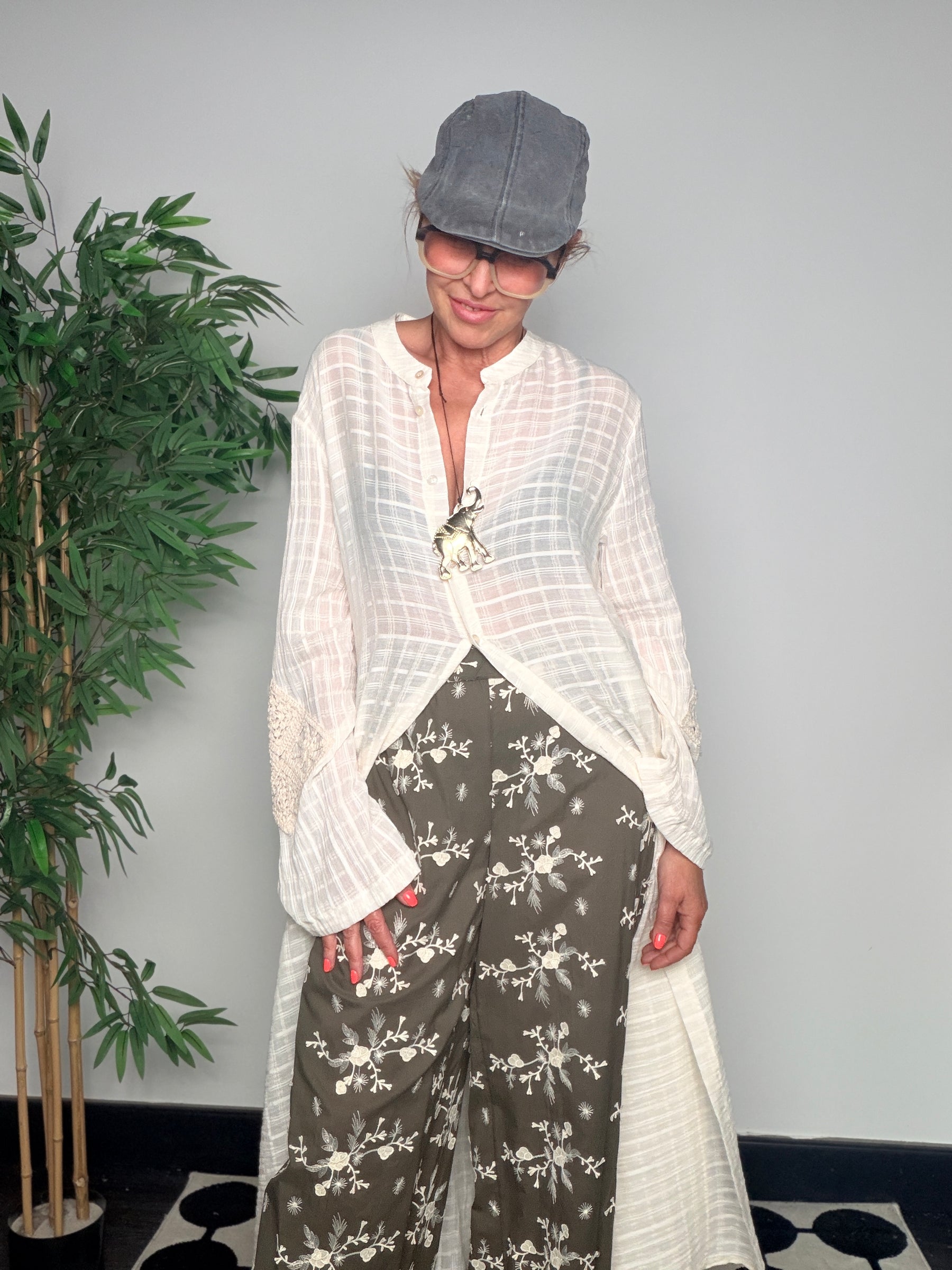 Pantalone Wide Leg con Stampa Botanica