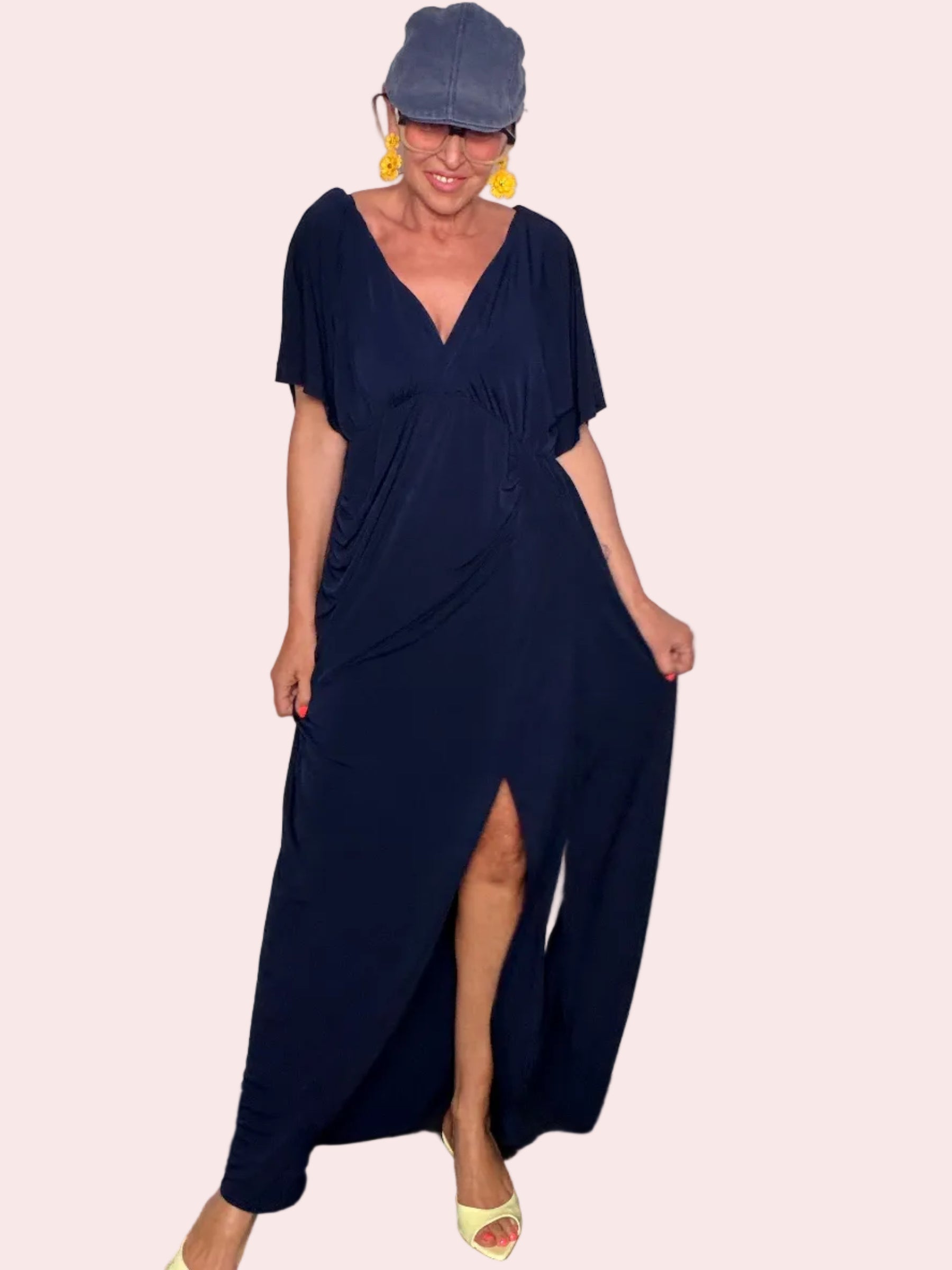 Abito Lungo Drappeggiato con Scollo a V