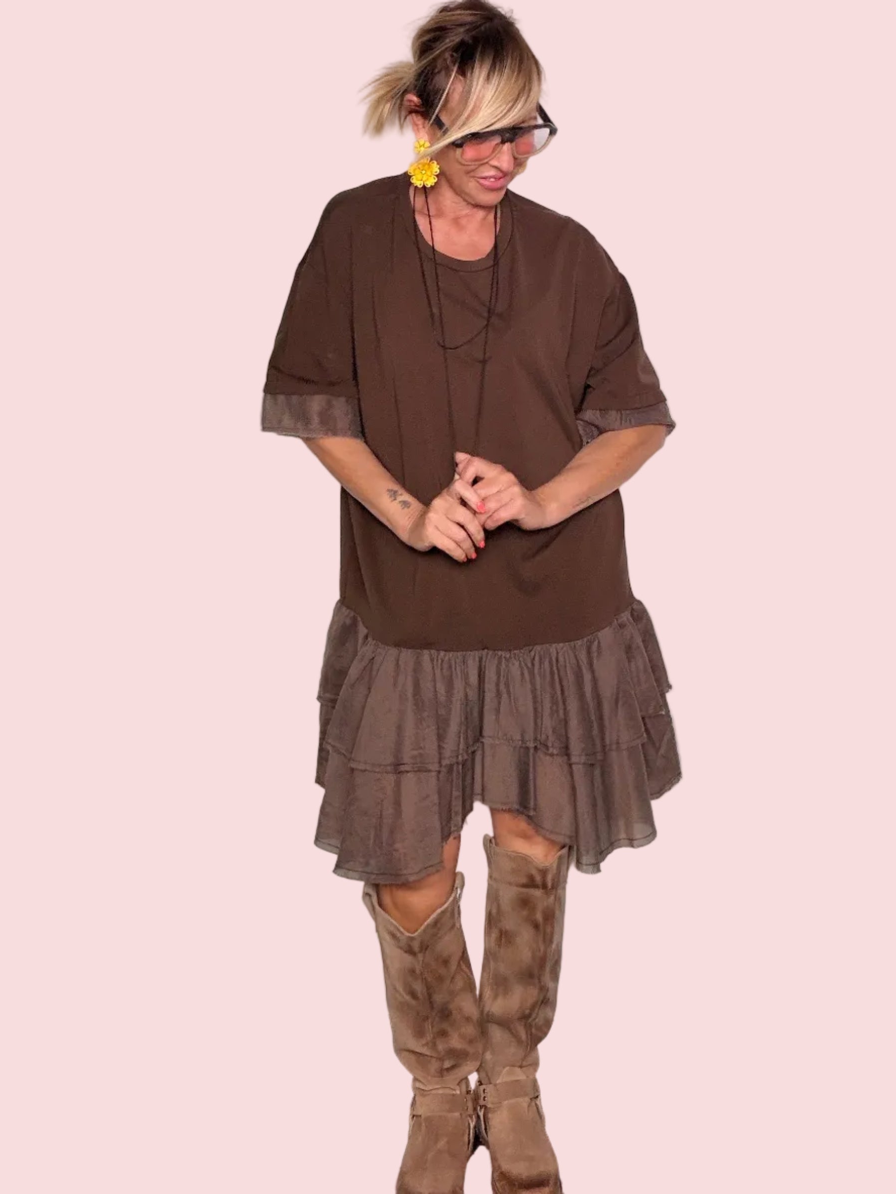 Abito T-Shirt con Balze in Mussola