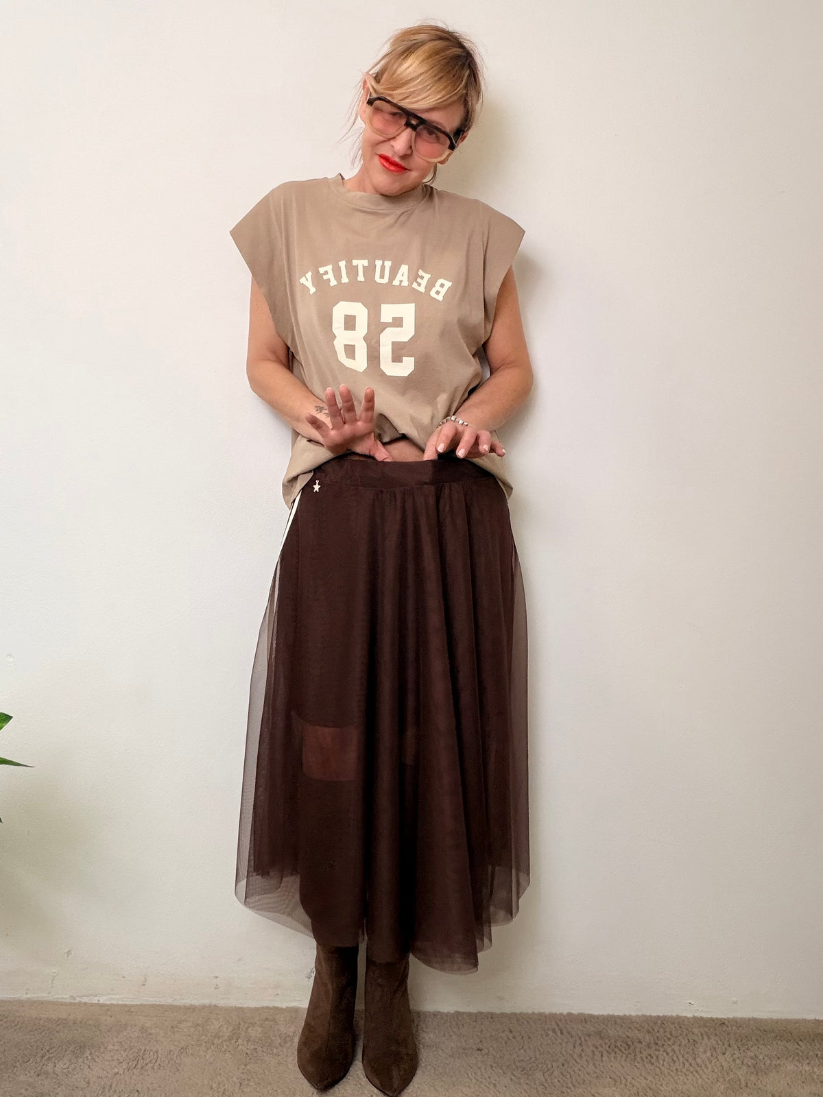 Gonna in Tulle con Righe Laterali